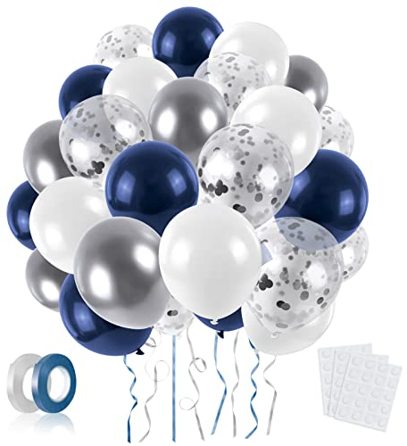 Luftballons Blau 60pcs Weiß Metallic Silberner Blau Geburtstag Konfetti Pailletten Ballons Girlande Langlebige Premium Naturlatex Helium Ballon Set für Jungen und Mädchen Babyparty Hochzeit Party Deko