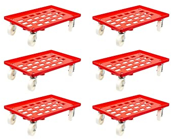SparSet 6x Transportroller für Euroboxen 60x40cm mit Kunststoffräder rot | Gitter/Rasterdeck | 2 Lenkrollen & 2 Bremsrollen | Traglast 300kg | Kistenroller Logistikroller Rollwagen Profi-Fahrgestell