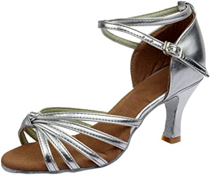 PLAFOPE Latin Dance Shoes for Women High Heels Knotted Strap Ballroom Shoes Open-Toed Dance Heels with Snakeskin Grain Design Easy Wear for Latin Dancing and Banquet Wear Size 39 Silver