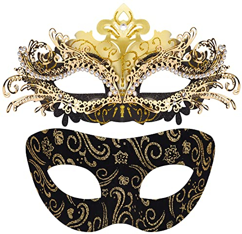 SIQUK 2 Stück Venezianische Maske Paar Maskerade Mask Venezianischen Maske Kostüm Masken für Damen Herren Halloween Karneval Party, Schwarz & Gold