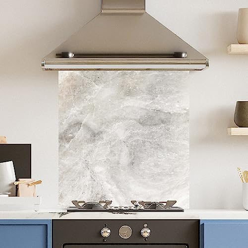 Premium 70 cm x 75 cm White Marble Glass 6mm Kitchen Splashback Heat Resistant Toughened Polished Edges - Back Splash Back Coloured Hob Painted Tempered Splashback