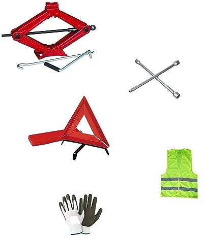 KOMPATIBEL MIT Jeep Compass KFZ-Notfall-Set STROMABNEHMER-WAGENHEBER MIT STAHLSOCKEL UND DREHSCHLÜSSEL+KREUZSCHLÜSSEL ZUM LÖSEN VON Schrauben+Fluoreszenz-Notfall-DREIECK