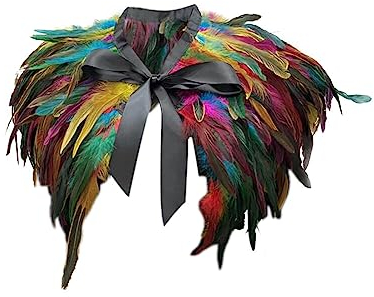 Asudaro Federschal Cape Poncho Rundhalsausschnitt Stola Halloween Wickelschal Modischer Wickel mit Kunstfedern Federschal Damen Abendschal Wickel Unisex Halloween Kostüm Federschal Bunt