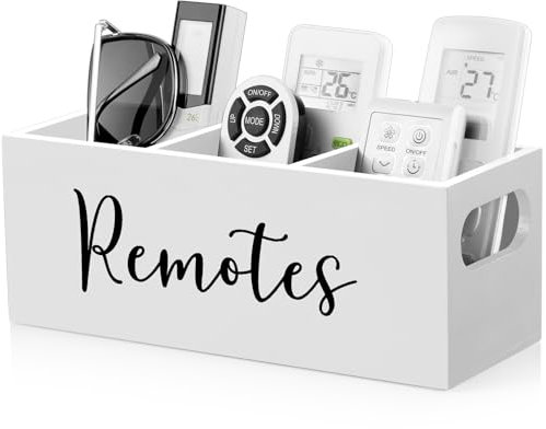 DRASTAR Remote Control Holder, TV Remote Holder, Remote Organizer Caddy for Table, Wooden Remote Box for Nightstand, Bedside Caddy, White, 3 Slots