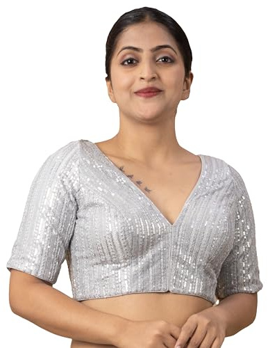 FIGURE'S Women's Sequin Embroidered V Neck Elbow Half Sleeve Readymade Saree Blouse Ethnic Stitched Plus Size Top Padded Lavender Pink Blue Silver Black Gold Red Green E1 (Silver, 44)