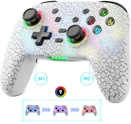 Megadream Wireless Controllers for PS4/Switch/PC, Unique LED Cracked Design for iOS Android Switch Remote, Bluetooth Game Gamepad Joystick for iPhone/Switch Lite/Wired PC with Programmable - White