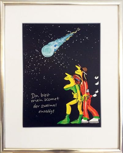 Du bist mein Komet der zweimal einschlägt (Black Edition) - Udo Lindenberg Bild - handsignierte Auflage original Grafik im silberfarbenem Rahmen hinter Museumsglas. Likörell. Siebdruck.