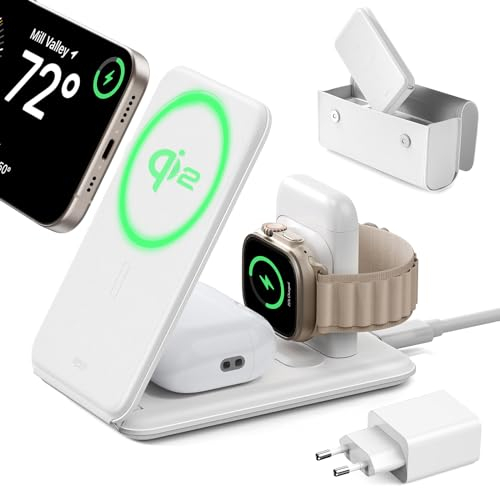 ESR Cargador Inalámbrico 3 en 1 15W, Base Cargador para iPhone y Apple Watch QI2, Estación de Carga MagSafe, para iPhone 16/Apple Watch/AirPods, con Bolsa, Blanco