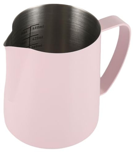 Dianoo Jarra de espuma de leche, jarra de acero inoxidable de 600 ml, taza espumadora de leche para café capuchino con escala de medición, rosa