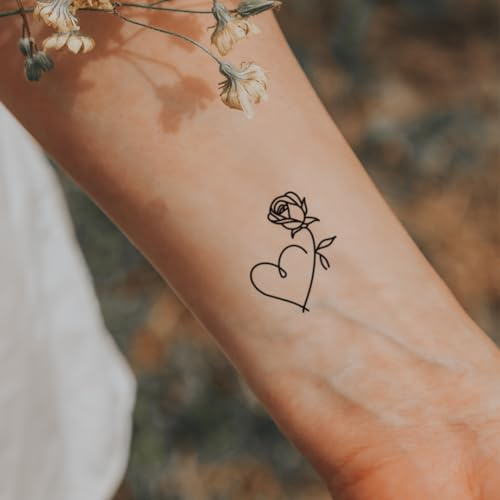 Herz mit Rose - Inkster Tattoo | vegane & wasserfeste Temporäre Tattoos für Erwachsene - EU-Kosmetikzertifizierte Farbe - revolutionäres 2 Wochen Tattoo | Premium Klebetattoos