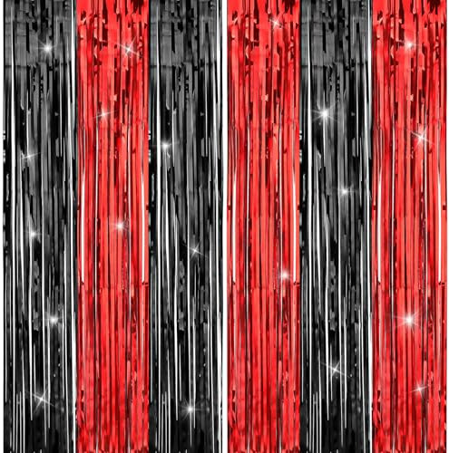 Dimeho Lametta Vorhänge Rot Schwarz, 2 Stück Metallische Glitzervorhang Fringe Lametta Party Hintergrund, Luftschlangen Abschlussfeier-Dekoration für Weihnachten Halloween Geburtstagsparty (200×100cm)