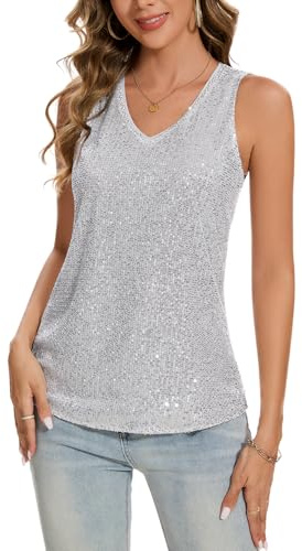 MINTLIMIT Damen Tank Top Glitzer Pailletten Tunika Ärmellos Bluse Festival Elegant Läsiges V-Ausschnitt Oberteil Blusentop