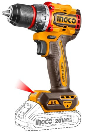 INGCO 20V Lithium-Ion Compact Drill Machine Tools (Body Only) 66NM, Brushless Motor, 13mm Chuck, 2 Speed Gear, 22+1 Torque Settings, LED Work Light CDLI206681