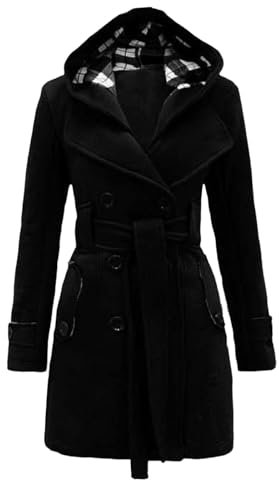 Dufflecoat Damen, Dufflecoat Damen A-Linie Wollmantel - Trenchcoat Mit Kapuze Und Gürtel Elegant Wolle Herbstmantel Warme Übergangsmantel Kurzmantel Mit Taschen Locker Winterjacke