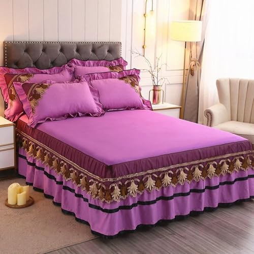 Epinki Bett Volant 180x200cm Gepolstert, Spitze Bett Rock Landhausstil Einfarbig Lila Schlafkomfort, Baumwolle Betttuch Unterbett als Schutz für Boxspringbett & Topper