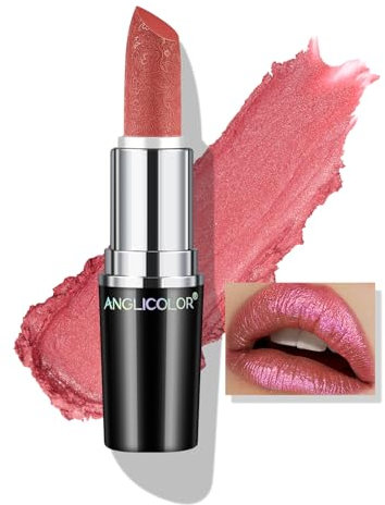 Anglicolor Glitzer Lippenstift Rosa Metallic Glänzend Glossy, Shimmer Lipstick Seidig Velvet Langanhaltend Feuchtigkeitsspendende, Vegan Lipgloss Damen Mädchen Make-up (04 BLUSH WINES, 4g)