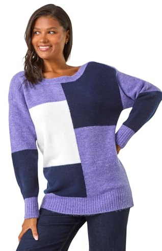 Roman Originals Colour Block Knit Jumper for Women UK - Ladies Everyday Autumn Winter Scoop Neckline Comfy Soft Evening Vacation Work Party Night Out