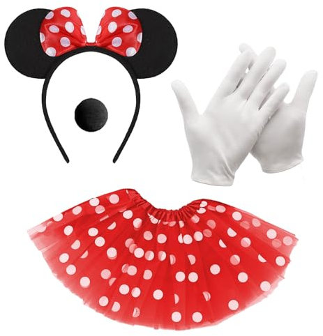 GWAWG 4PCS Mouse Costume,Red Tutu with White Polka Dots,Headband with Mouse Ears,Headband with Mouse Ears, Gloves, Nose,Minnie Mouse Costume Kit for Minnie Mouse for Women