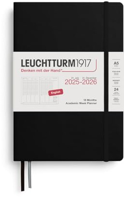 LEUCHTTURM1917 372815 Akademischer Wochenplaner Medium (A5) 2026, 18 Monate 07.2025-12.2026, Schwarz, Englisch