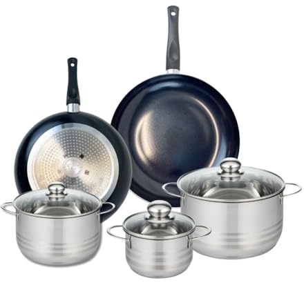 ELO 9739550 Kochgeschirr-Set, 5-teilig, 2 Bratpfannen 28 und 32 cm, 3 Kochtöpfe 14, 20 und 24 cm, Elo Prima glänzend, Edelstahl, Induktion