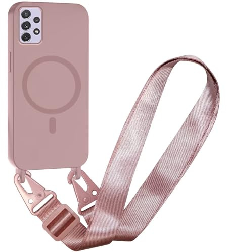 SLWYF Magnetische Handykette für Samsung Galaxy A52 5G Hülle, Handyhülle Kompatibel mit MagSafe, mit Band Silikon Seil Necklace Handyhülle PU Stoßfest mit Abnehmbar Kordel zum, Sandpulver