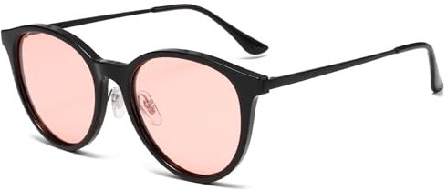 Long Keeper Round Polarised Sunglasses for Women Men Vintage Light Driving Cat Eye Sunglasses Unisex Retro Shades Classic Round Sun Glasses Anti UV400 (Black Frame - Pink Lens)