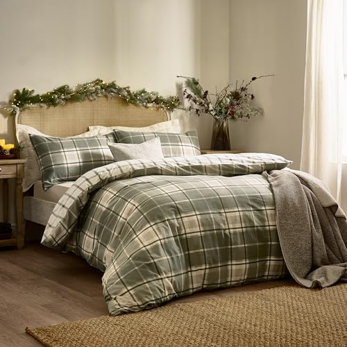 furn. Wylder Braemar Check Duvet Cover Set (Green/Natural - Double) | Reversible 100% Soft Brushed Cotton Cosy Heritage Check Bedding