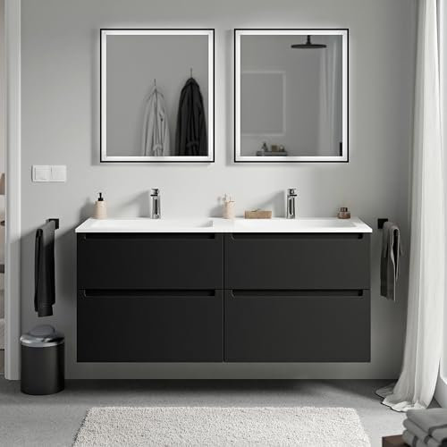 BERNSTEIN - Meuble double vasque suspendu salle de bain MDF Noir mat, lavabos fonte minérale Blanc mat + trous robinet, tiroirs passe-main pivotants - 120x46x62cm - VIREO