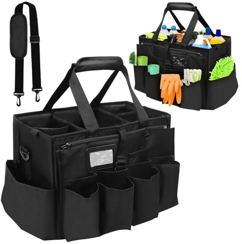 Extra Großer Reinigungs Caddy Tasche, 40x27x28cm Putzmittel Organizer mit Abnehmbarer Trennwand, Wasserdicht Werkzeugkorb mit Griff und Schultergurt, Reinigungs Aufbewahrung für Zuhause Auto Garten