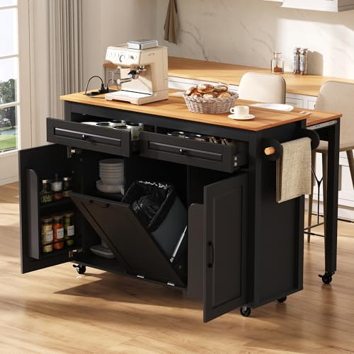 îlot Central sur Roulettes 120× 40-75 × 92cm, Grande Table de Cuisine Mobile, avec Plan de Travail Pliable, 2 Tiroirs, 2 Portes avec Rangement avec Étagère Range, avec Compartiment Poubelle (Noir)