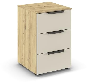 Rauch Möbel Flipp, Nachttisch, Farbe Beige/Eiche Artisan, Maße 40x61x42 cm | Nachtkommode, 3 Schubladen, Soft-Close-Funktion, für Schlafzimmer, Kinderzimmer, Jugendzimmer, Gästezimmer