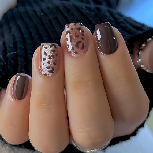 OuryTech Ongles Pressés Courts, 24 Ongles Artificiels à Coller et Faux Ongles, Carrés Léopard Marron Brillant avec Paillettes pour Femmes (Type B)
