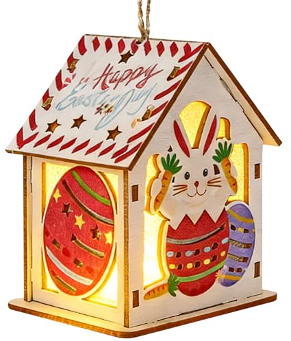 Kertaym LED Osterdeko zum Aufhängen, Holzanhänger Ostern, Holzhaus mit Hase & Eiern, Frohe Ostern anhänger, Frühlingsdeko Hängend für Fenster & Kinderzimmer (A)