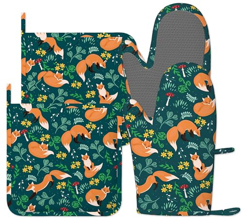 Fox Flower Oven Gloves Silicone Oven Mitts and Pot Holders Sets of 4, Vintage Kitchen Gloves Hot Holders for Kitchen Baking Cooking Housewarming Gifts