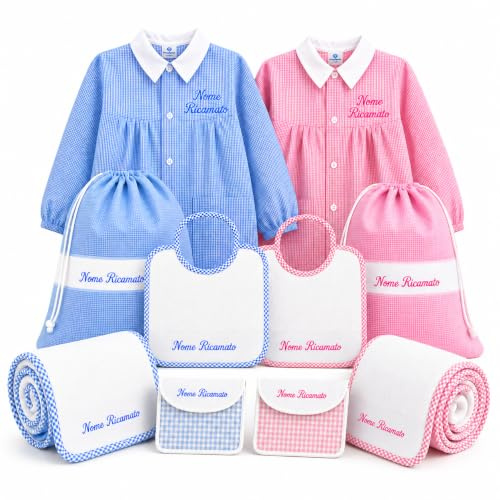 Ristohouse Kit Asilo Personalizzabile con Nome Ricamato – Grembiule Scuola Materna Bambino/Bambina con Sacca, Bavaglino o Asciugamano – Set Asilo Made in Italy