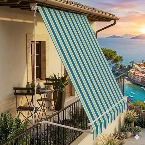 Tenda da sole a caduta 100x250 cm Verde/Bianco, con braccetti e mantovana per balcone esterno, tessuto impermeabile 280gr/mq