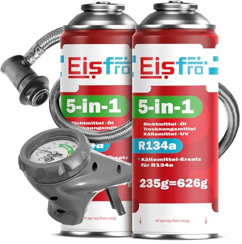 Eisfro - 5 en 1: Refrigerante sustituto R134a + Manguera, 2 x 235 g para Aire Acondicionado de automóvil con Aceite, aditivo sellador, colorante UV, Agente deshidratante – Protege el compresor