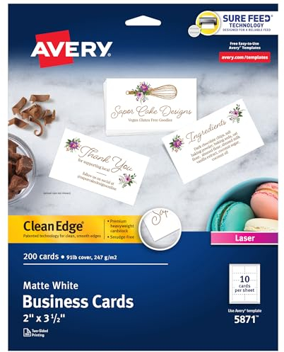 Avery Printable Business Cards, Laser Printers, 200 Cards, 2 x 3.5, Clean Edge (5871)