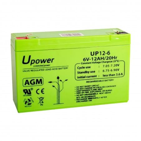 U-Power - Batería Plomo Recargable AGM Sellada 6V 12Ah - Uso General como Alarmas, UPS/SAI, Seguridad, Juguetes, Etc - Terminal Faston F1 4.8mm