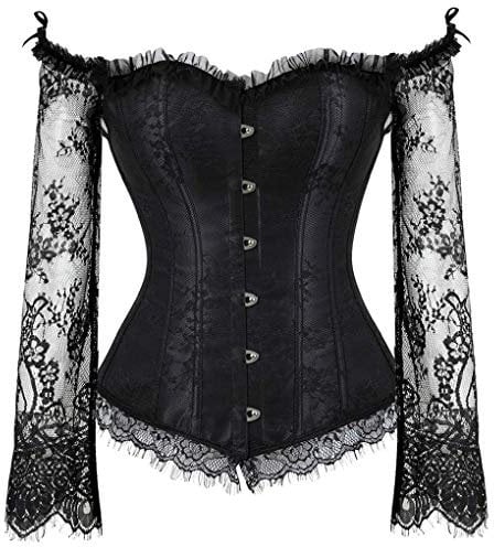 Kelvry Women Sexy Basque Off-Shoulder Lace up Boned Bustier Overbust Corset Tops with Long Sleeve (12-14, Black)
