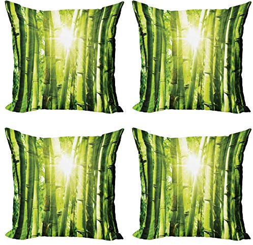 ABAKUHAUS asiatisch Dekokissen Kissenbezug 4er Pack, Sun-Strahlen in Wild Jungle, Modern Accent Doppelseitiger Digitaldruck, 40 x 40 cm, Lindgrün Gelb