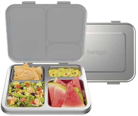Bentgo Kids Stainless Steel Leak-Resistant Lunch Box - 3-Compartments with Bonus Silicone Container, Durable, Eco-Friendly, Dishwasher Safe, BPA-Free, Ideal for School, Ages 3+ (Silver)