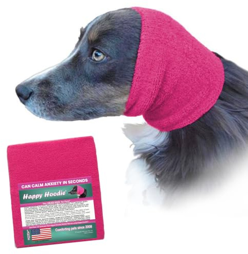 Happy Hoodie The Original Calming Band for Dogs & Cats - for Anxiety Relief – Noise Canceling for Fireworks, Thunderstorms, Pet Grooming & Force Drying - Dog Calming Aid Since 2008 (Large, Pink)