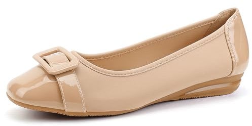 Greatonu Women's Flats Comfort Casual Square Toe Ballet Buckle Soft Walking Slip-on Dress Shoes Beige Size 7
