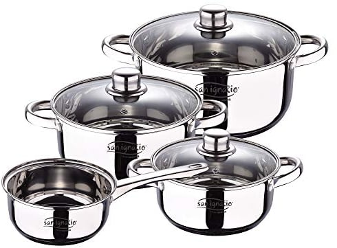 San Ignacio Bateria 7pca acero inoxidable: cazo Ø16x7,5 Cacerolas con tapa de Ø18x8,5 Ø20x9,5 y Ø24x11,5 cms, inducción, colección Cassel, 7 piezas
