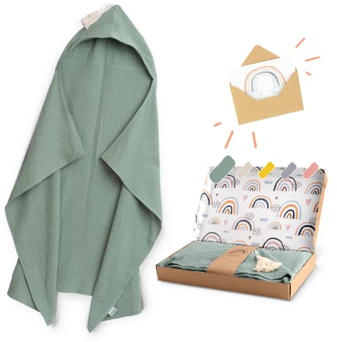Räuberella® Kapuzenhandtuch-Baby in Mint-Grün I 75x100cm I Musselin-Badetuch-Baby aus 100% Bio-Baumwolle I Saugfähiges Babyhandtuch mit Kapuze I Badehandtuch-Geschenkset inkl. Verpackung & Karte