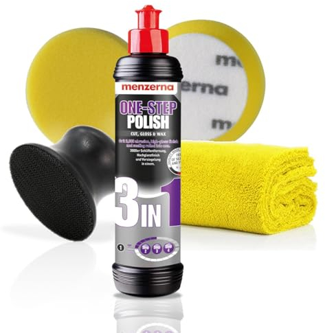 Detailmate Menzerna Handpolitur Medium Cut Set: 3 in 1 One-Step Polish 250ml + Hand-Polier-Applikator für 95mm Pads + Medium Cut Pad 95mm Mikrofasertuch 550GSM