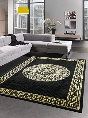 CARPETIA Teppich Wohnzimmer mit Bordüre Mäander Muster schwarz Gold Größe 200 x 290 cm