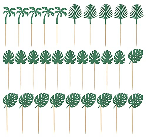 KINBOM 30 Pièces 4 Sortes Artificielles Feuilles de Jungle Faux Feuille pour Baby Shower Anniversaire, Tropical Hawaïennes Plage Fête, Animaux Safari Jungle Gateau Decoration (Vert)