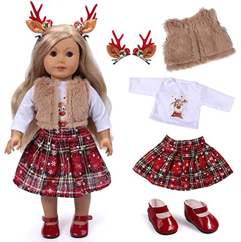 Tacobear Puppenkleidung Weihnachten Puppen Kleider Zubehör Set Puppen Hemd Rot Karierter Rock Mantel Puppenschuhe Elch Haarspangen Babypuppen Kostüm für 18 Zoll Puppen